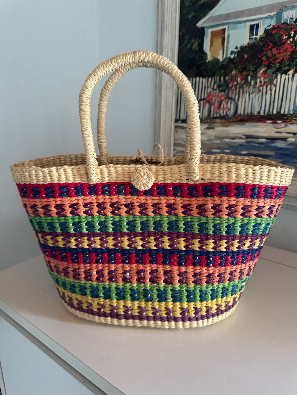 Woven Multicolor Straw Tote Bag - Natural with Bright Stripes
